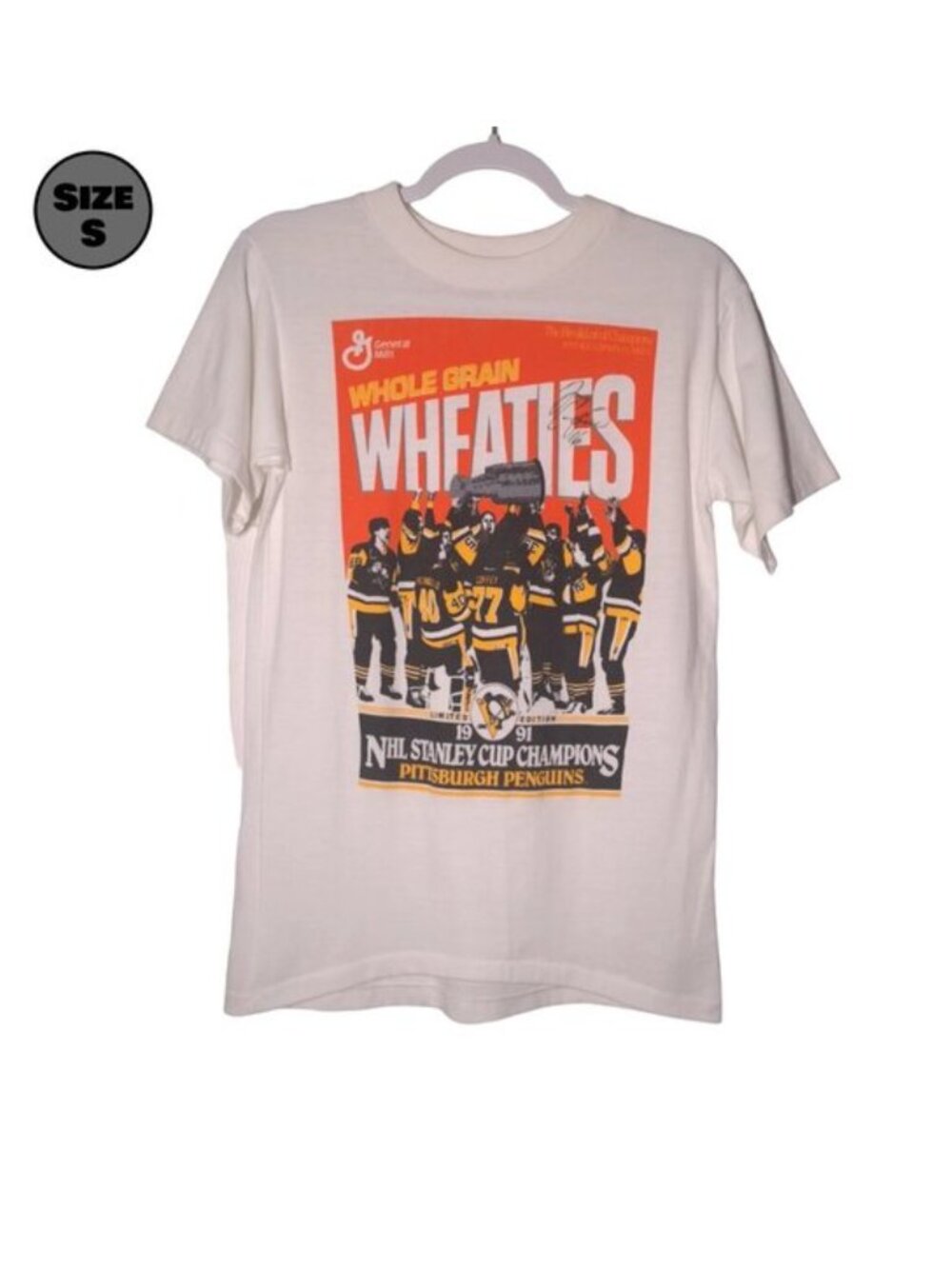 Wheaties Pittsburgh Penguins 1991 Stanley Cup USED Shirt S, Signed, Jay Caufield